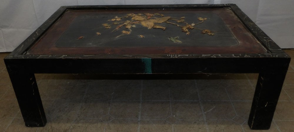 Chinese Carved Wood Lacquered Cocktail Table With Carved Bone High Relief Accents: Chinese Carved Wood Lacquered Cocktail Table With Carved Bone High Relief Accents. 14" H 43" W 29 3/4" D ALL DESCRIPTIONS AND ANY CONDITION STATEMENT GIVEN BY LANGSTON AUCTION GALLERY ARE STRICTLY OPI