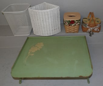 Painted Serving Tray, Two Longaberger Baskets, Metal & Wicker Baskets