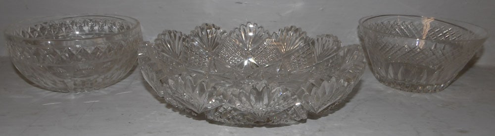 Three Cut Glass Bowls Signed Hawkes: Three Cut Glass Bowls Signed Hawkes. Up to 7 1/2 Dia. ALL DESCRIPTIONS AND ANY CONDITION STATEMENT GIVEN BY LANGSTON AUCTION GALLERY ARE STRICTLY OPINIONS AND LANGSTON'S SHALL HAVE NO RESPONSIBILITY F