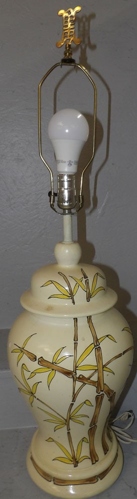 Oriental Painted Urn Made Into Lamp: Oriental Painted Urn Made Into Lamp. 33 1/2" H 9" Dia ALL DESCRIPTIONS AND ANY CONDITION STATEMENT GIVEN BY LANGSTON AUCTION GALLERY ARE STRICTLY OPINIONS AND LANGSTON'S SHALL HAVE NO RESPONSIBILITY F
