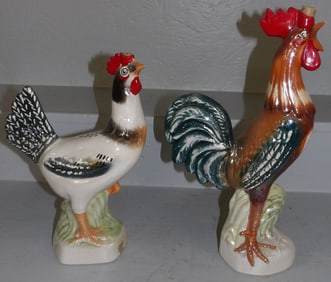 Two Painted Porcelain Italian Roosters & Hen Decanters, One Full with Liquid