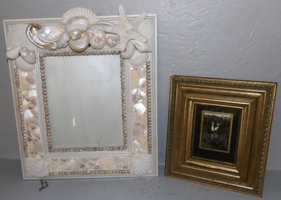 Framed Painted Egrets Watercolor Artist Signed & Shell Decorated Picture Frame