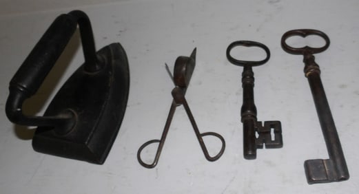 Two 19th Century Metal Keys - Candle Snuffer - Sad Iron