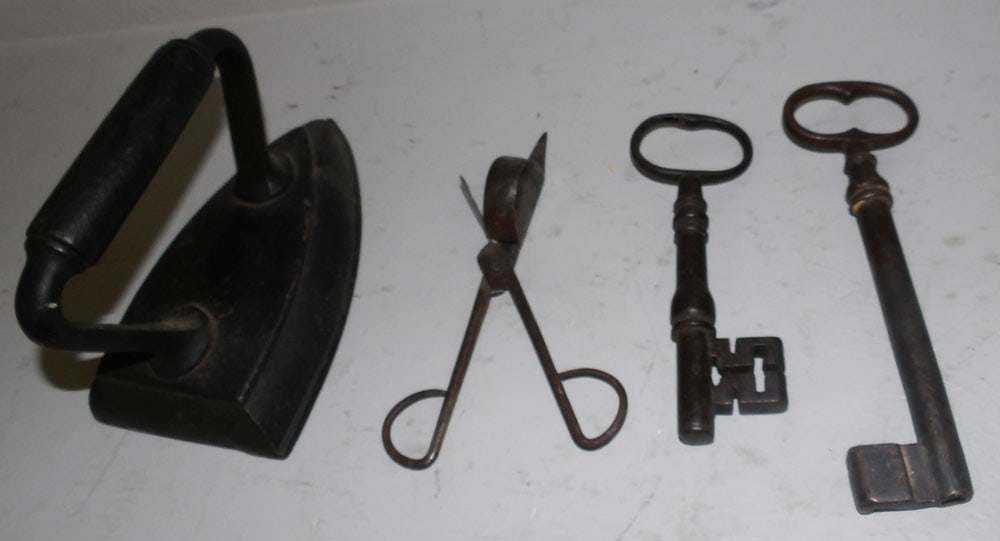 Two 19th Century Metal Keys - Candle Snuffer - Sad Iron (1 of 2)