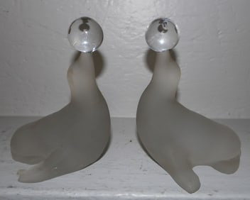 Pair Frosted Glass Seal Form Figure Bookends