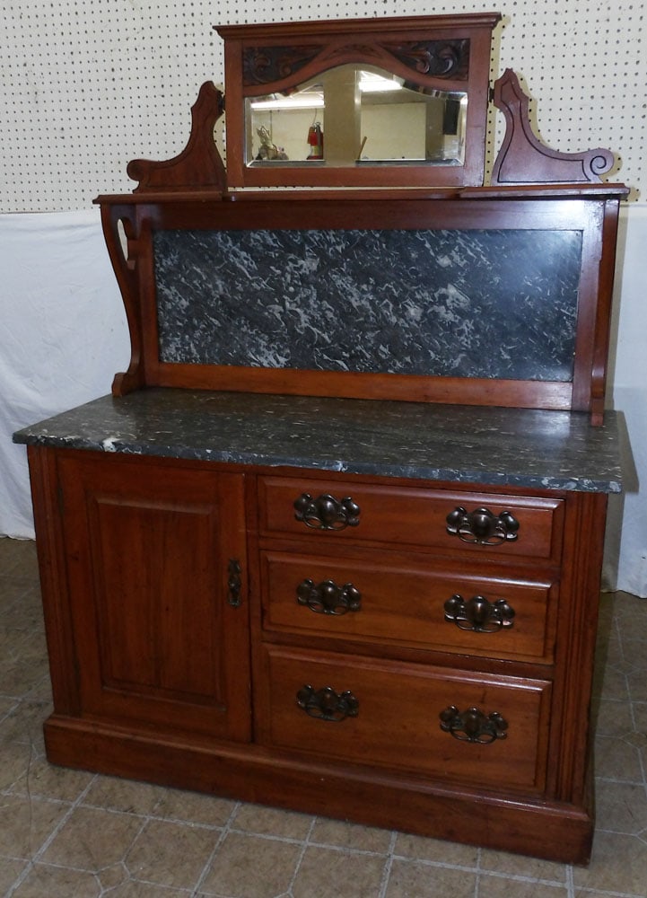 Antique Mahogany Marble Top Wash Stand ( One Piece Marble Broken): Antique Mahogany Marble Top Wash Stand ( One Piece Marble Broken). 57 1/4" H 42" W 19" D ALL DESCRIPTIONS AND ANY CONDITION STATEMENT GIVEN BY LANGSTON AUCTION GALLERY ARE STRICTLY OPINIONS AND LANGST
