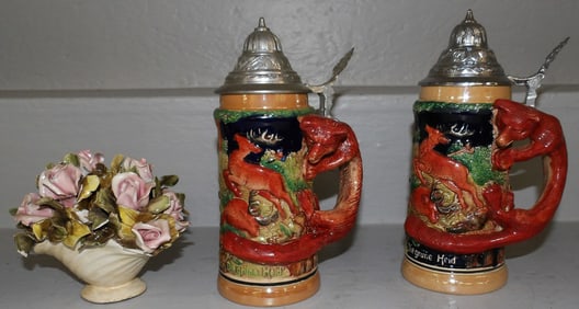 Two Porcelain German Fox Handle Hunt Scene Steins & Porcelain Flower