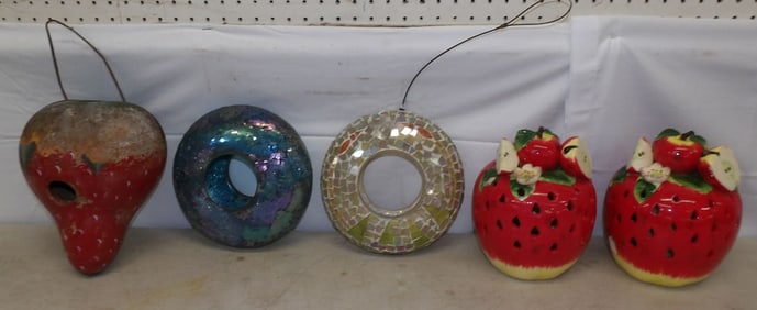 Pair Painted Battery Operated Porcelain Lanterns, Painted Gourd Form Bird House, & Two Bird Feeders