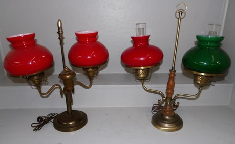 Two Brass & Glass Double Student Lamps (Two Glass Chimneys Missing)