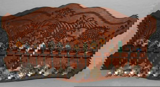 Ornate Wood Hanging Spoon Holder with Collection of Continental Souvenir Spoons