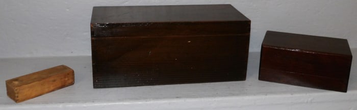 Two Pine Dovetailed Boxes & Antique Dovetailed Matchbox With Sliding Lid
