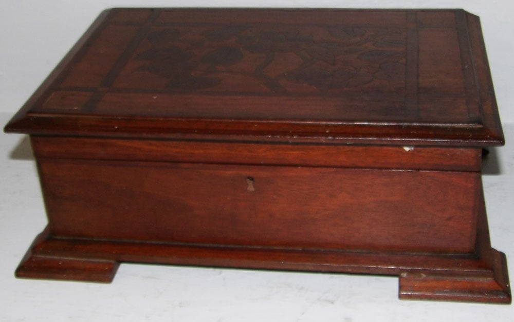 Antique Haitian Cherry Inlaid Lift Top Dresser Box with Tray Insert: Antique Haitian Cherry Inlaid Lift Top Dresser Box with Tray Insert. 5" H 14" W 10" D ALL DESCRIPTIONS AND ANY CONDITION STATEMENT GIVEN BY LANGSTON AUCTION GALLERY ARE STRICTLY OPINIONS AND LANGSTON'