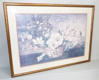 Framed Oriental Print In Gilded Faux Bamboo Frame