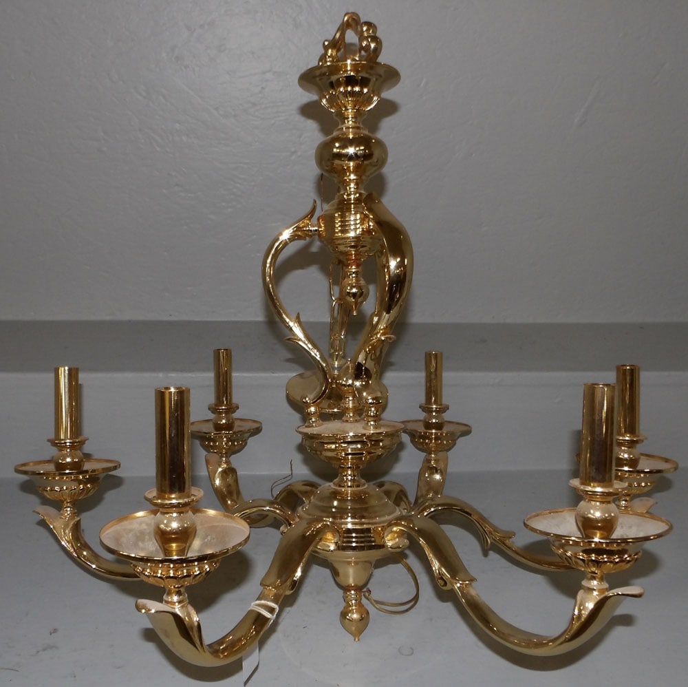 Gilded Metal Six Light Chandelier: Gilded Metal Six Light Chandelier. 25" H 26" Dia. ALL DESCRIPTIONS AND ANY CONDITION STATEMENT GIVEN BY LANGSTON AUCTION GALLERY ARE STRICTLY OPINIONS AND LANGSTON'S SHALL HAVE NO RESPONSIBILITY FOR E