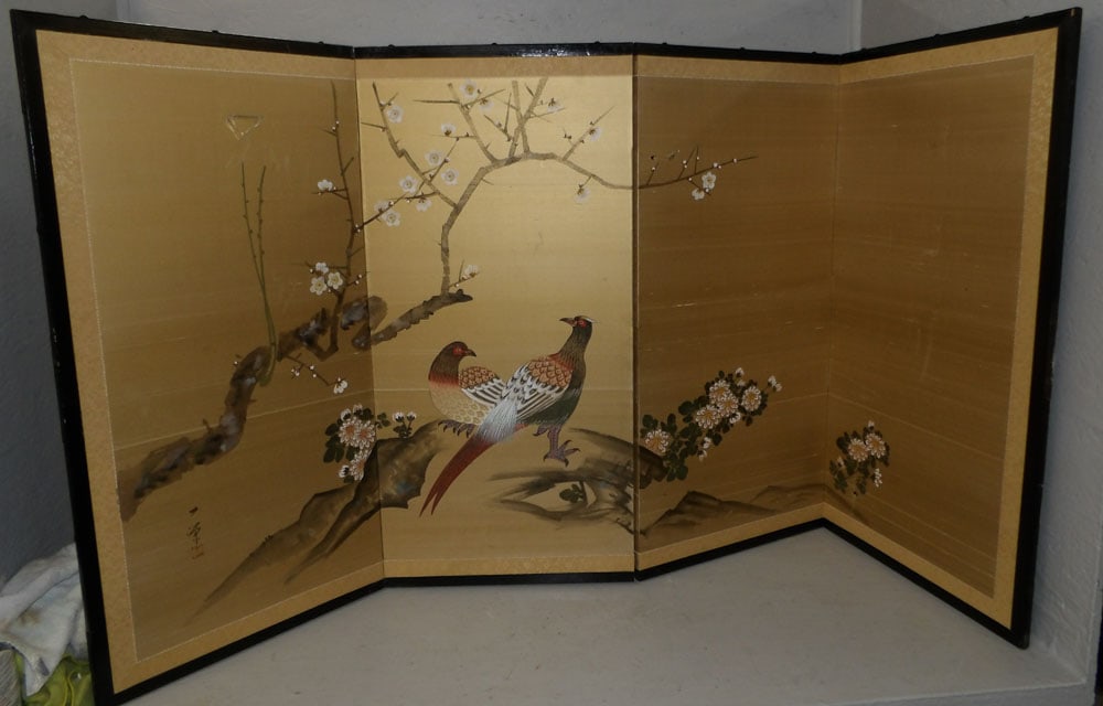 Oriental Watercolor Four Panel Folding Screen (1 of 6)