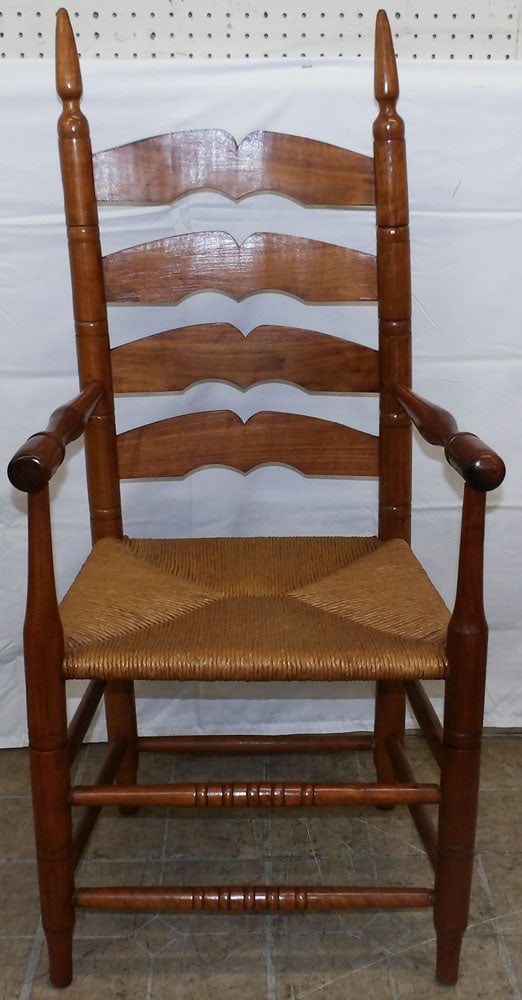 Walnut Bench Made Ladder Back Arm Chair: Walnut Bench Made Ladder Back Arm Chair. 45" H 21" W 17" D ALL DESCRIPTIONS AND ANY CONDITION STATEMENT GIVEN BY LANGSTON AUCTION GALLERY ARE STRICTLY OPINIONS AND LANGSTON'S SHALL HAVE NO RESPONSIBIL