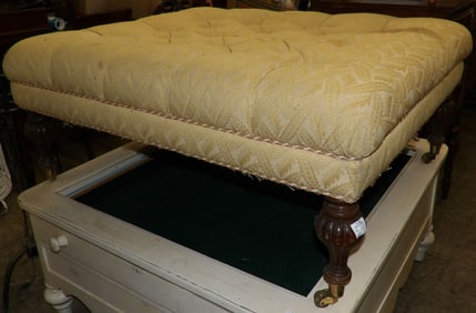 Walnut Upholstered Ottoman With Brass Castors