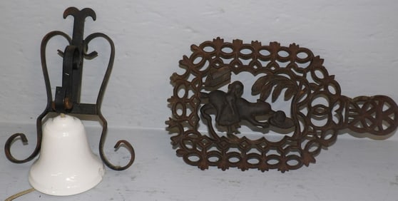 Cast Iron Trivet & Porcelain Bell On Wrought Iron Hanger