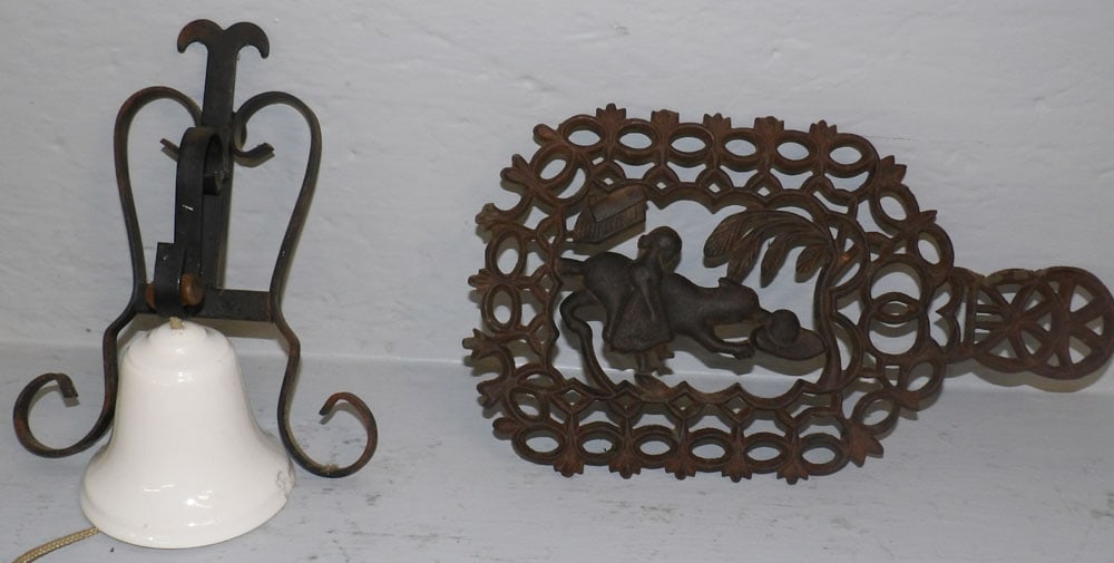 Cast Iron Trivet & Porcelain Bell On Wrought Iron Hanger (1 of 4)
