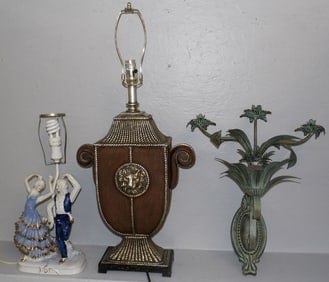 Porcelain Figural Lamp, Silver Gilded Lion Head Accent Lamp, & Metal Pineapple Glass Form Three