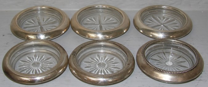 Six Sterling Rim & Glass Coasters