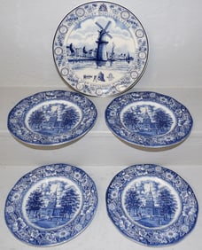 Four English Blue & White Staffordshire Historical Plates & Royal Delft Charger