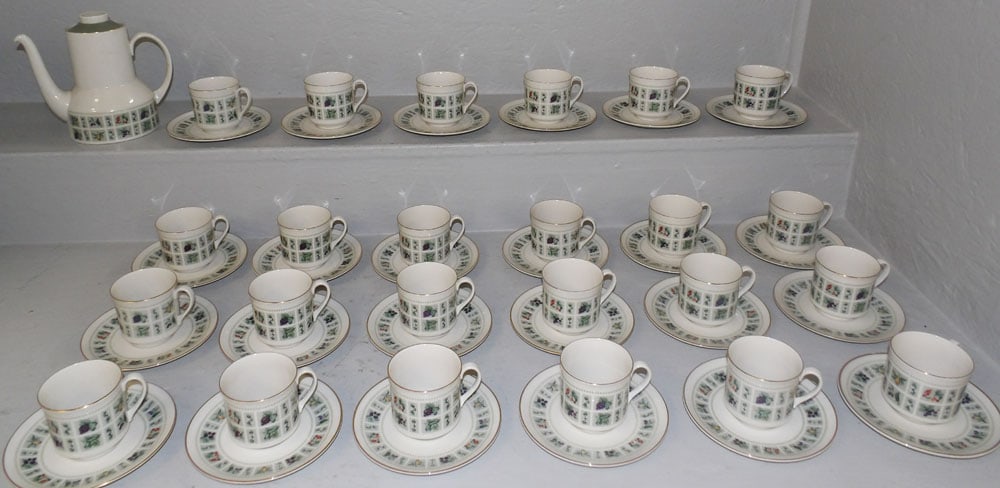 Lot of 24 Royal Doulton Porcelain Cups & Saucers and Coffee Pot, "Tapestry": Lot of 24 Royal Doulton Porcelain Cups & Saucers and Coffee Pot, "Tapestry". Up to 7 1/2" x 8" W ALL DESCRIPTIONS AND ANY CONDITION STATEMENT GIVEN BY LANGSTON AUCTION GALLERY ARE STRICTLY OPINIONS AN