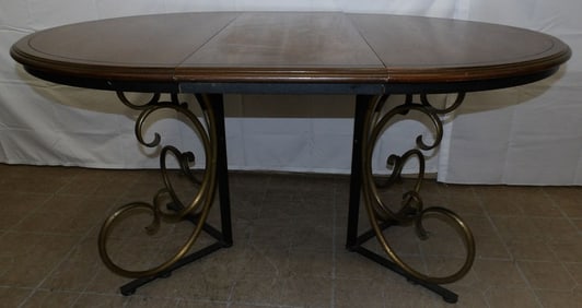 Mid Century Modern Oak & Wrought Iron Round Dining Table with One Leaf by Woodard