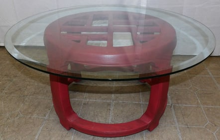 Oriental Painted Wood & Glass Top Cocktail Table