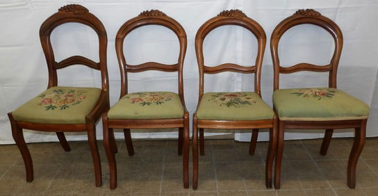 Set of Four Antique Walnut & Needlepoint Seat Dining Chairs