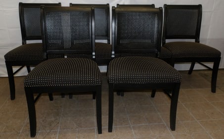 Set of Six Black Lacquered & Cane Back Dining Chairs
