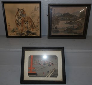 Three Oriental Framed Watercolors & Block Print