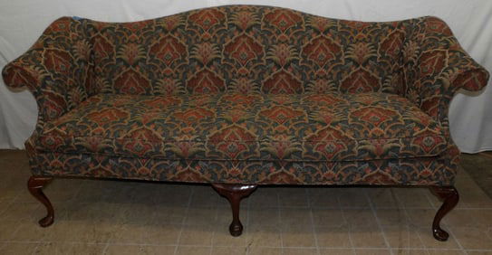 Cherry & Upholstered Queen Anne Style Camel Back Sofa
