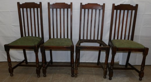 Set of Four Antique Oak Dining Chairs, One Cushion Missing