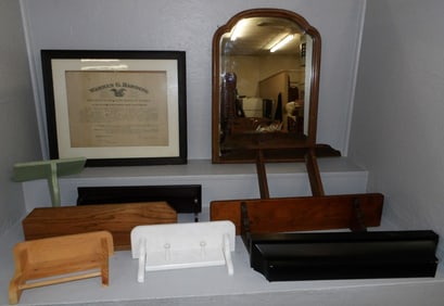 Lot of Wooden Shelves, Mirror, & Framed Document