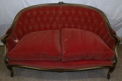 19th Century Painted Carved Wood French Loveseat with Down Cushion