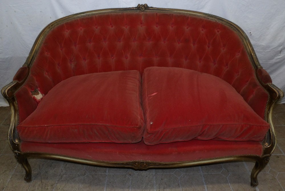 19th Century Painted Carved Wood French Loveseat with Down Cushion: 19th Century Painted Carved Wood French Loveseat with Down Cushion. 35 1/2" H 56 1/2" W 33 1/2" D ALL DESCRIPTIONS AND ANY CONDITION STATEMENT GIVEN BY LANGSTON AUCTION GALLERY ARE STRICTLY OPINIONS A