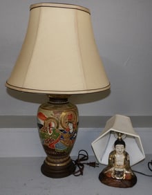 Oriental Satsuma Moriage Buddha Lamp & Large Oriental Satsuma Moriage Lamp