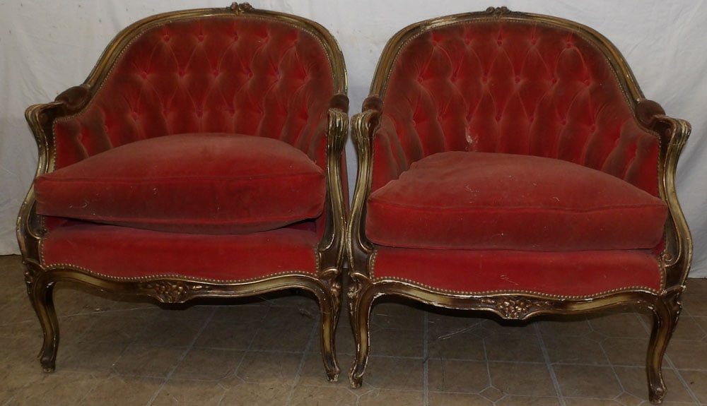 Pair of 19th Century Painted Carved Wood Bergères: Pair of 19th Century Painted Carved Wood Bergères . 33 1/2" H 28 1/2" W 29" D ALL DESCRIPTIONS AND ANY CONDITION STATEMENT GIVEN BY LANGSTON AUCTION GALLERY ARE STRICTLY OPINIONS AND LANGSTON'S S