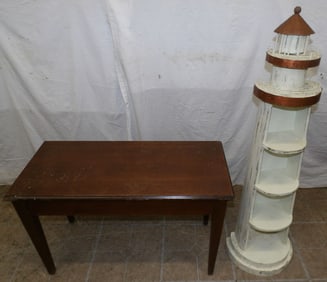 Painted Wood Light House Form Shelf & Walnut Piano Bench