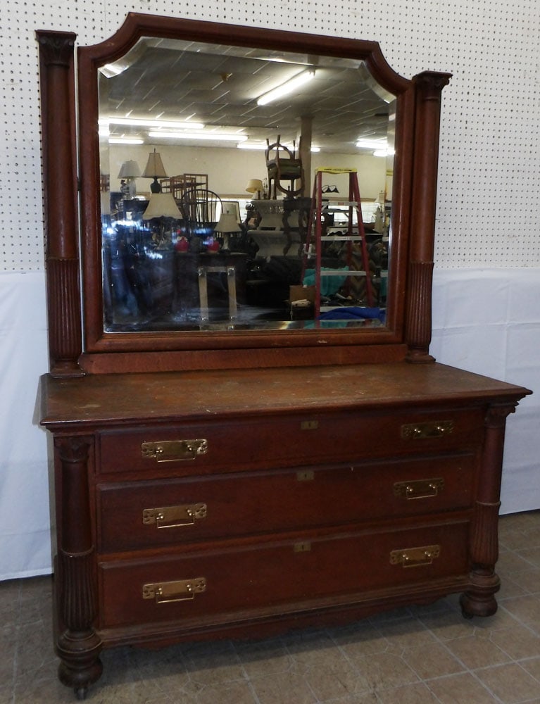 Antique Oak Dresser with Mirror: Antique Oak Dresser with Mirror. 72 1/2" H 55" W 23" D ALL DESCRIPTIONS AND ANY CONDITION STATEMENT GIVEN BY LANGSTON AUCTION GALLERY ARE STRICTLY OPINIONS AND LANGSTON'S SHALL HAVE NO RESPONSIBILITY
