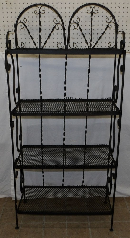 Painted Wrought Iron & Mesh Shelf: Painted Wrought Iron & Mesh Shelf. 54" H 24 1/2" W 12 1/2" D ALL DESCRIPTIONS AND ANY CONDITION STATEMENT GIVEN BY LANGSTON AUCTION GALLERY ARE STRICTLY OPINIONS AND LANGSTON'S SHALL HAVE NO RESPONSIB