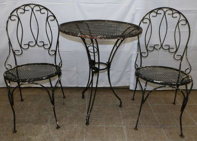 Three Piece Wrought Iron & Mesh Table Set, Has Two Chairs