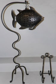 Wrought Iron Fish Form Candle Lantern & Easel