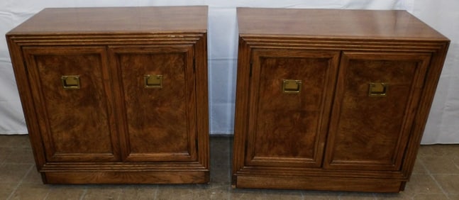 Pair Mid Century Modern Burl Walnut Two Door Stands