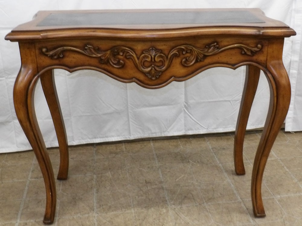 Cherry Console With Faux Marble Top: Cherry Console With Faux Marble Top. 30 1/4" H 36 3/4" W 16" D ALL DESCRIPTIONS AND ANY CONDITION STATEMENT GIVEN BY LANGSTON AUCTION GALLERY ARE STRICTLY OPINIONS AND LANGSTON'S SHALL HAVE NO RESPONS