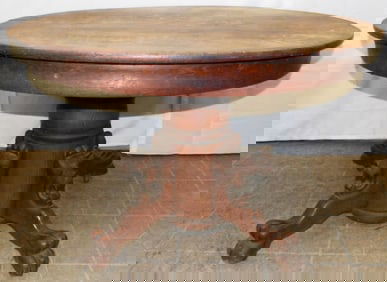 Antique Oak Round Dining Table With Lion Head & Paw Pedestal