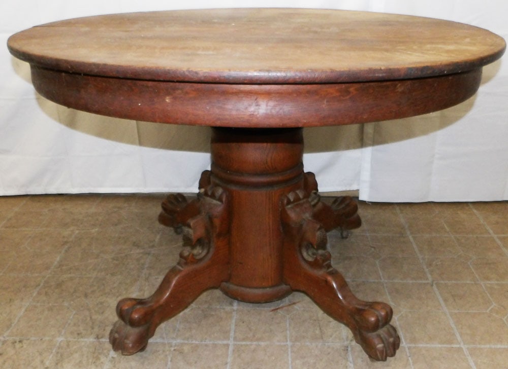 Antique Oak Round Dining Table With Lion Head & Paw Pedestal (1 of 3)