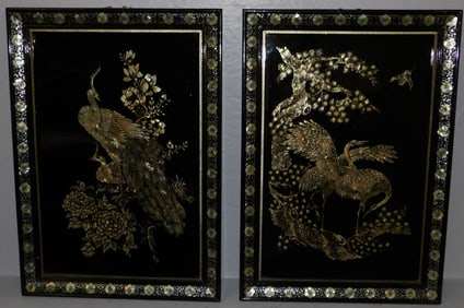 Pair Oriental Black Lacquered Mother Of Pearl Inlay Wall Panels