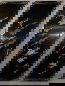 Pair Oriental Black Lacquered Carved Stone High Relief Wall Panels